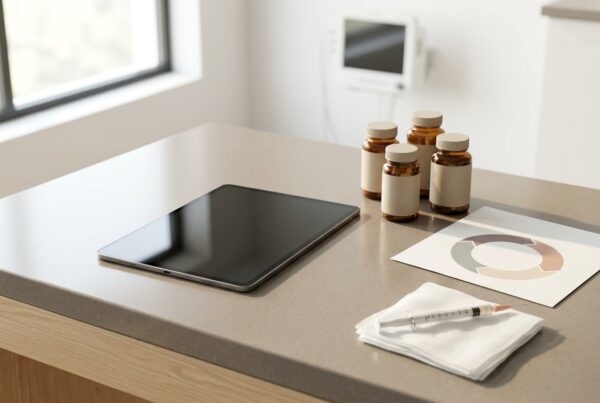 A clean clinical surface with an empty tablet, four blank medicine bottles, a patient education chart, and a syringe with a needle on a white cloth.