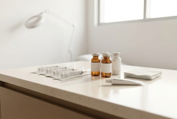 Medical supplies including syringes, vials, and a tube of cream are neatly arranged on a clean white counter in a treatment room.