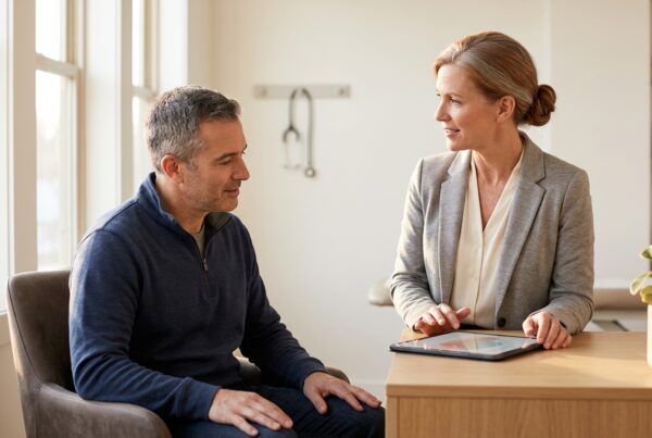 A male patient sits opposite a female medical professional at a wooden desk with a tablet displaying charts, with a stethoscope hanging on the wall in the background.
